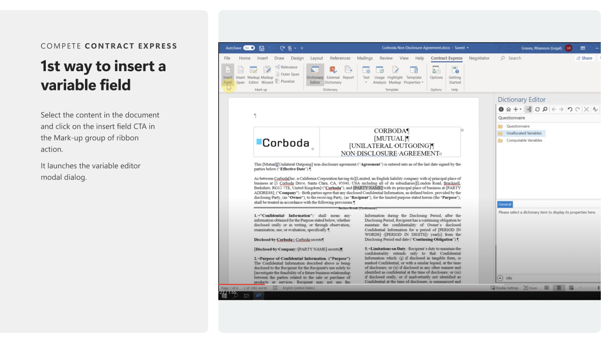 Contract Express Word ribbon flow showing insert variable field and dictionary editor
