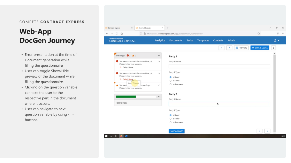Contract Express web app journey with questionnaire warnings and document preview controls